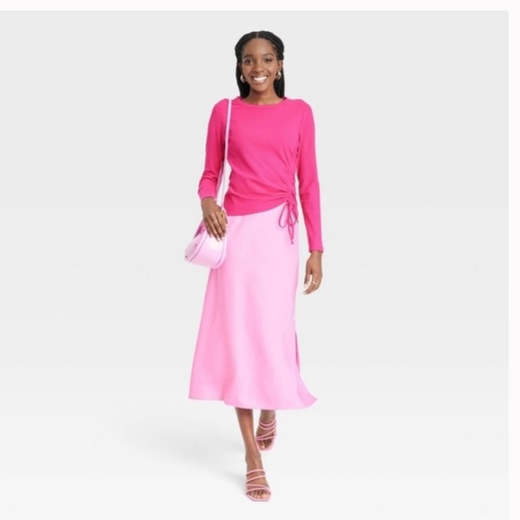 TARGET A NEW DAY Bright Pink Long-Sleeve Ribbed Ruched Adjustable String Shirt S - Picture 2 of 15